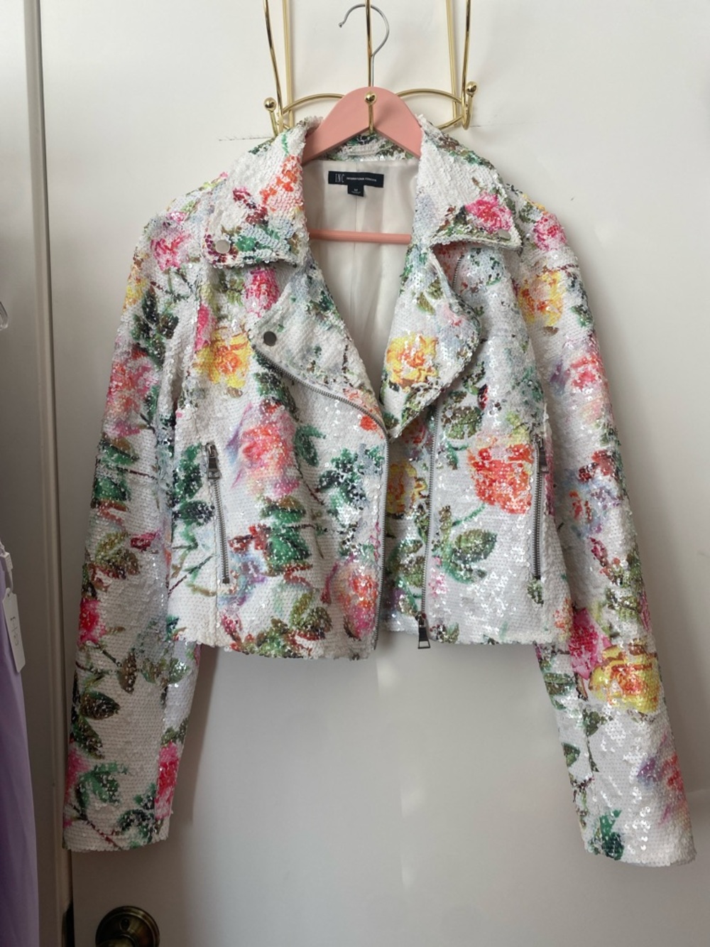 ✨ INC International Concepts White Multicolor Floral Sequin Moto Jacket